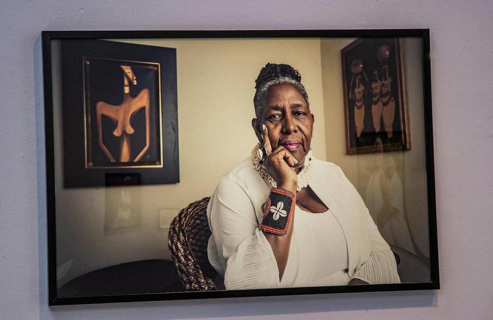 Portrait of Naomi Ruth Cobb by artist Vanessa Charlot, part of the exhibit “Give Them Their Flowers:” An Exhibit of Black Lgbtq+ Miami History.“