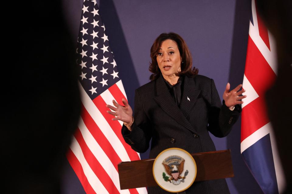 US Vice President Kamala Harris speaks at press conference during the UK Artificial Intelligence (AI) Safety Summit at Bletchley Park, in central England, on November 2, 2023. (Photo by Daniel LEAL / AFP) (Photo by DANIEL LEAL/AFP via Getty Images)