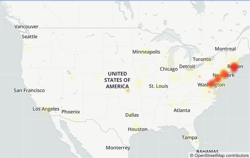 A map of the U.S. east coast showing internet service outages for Google's Gmail. (Image: Downdetector)