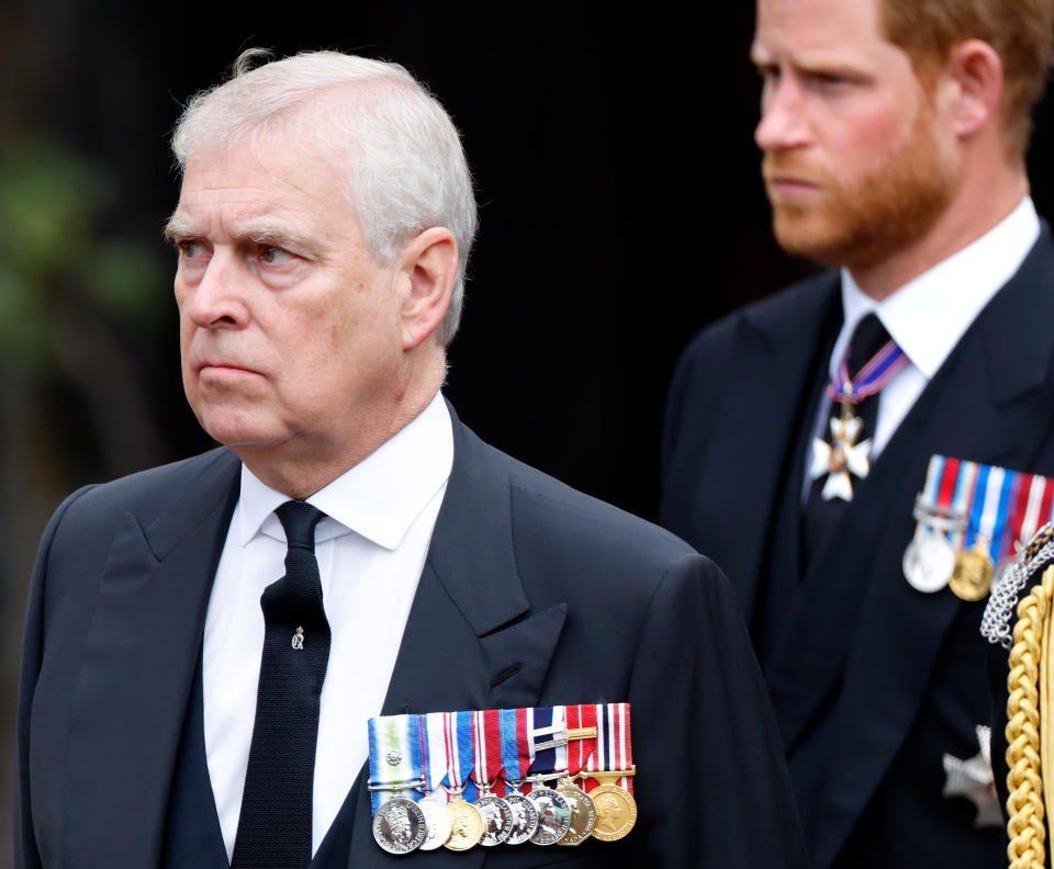 WINDSOR, UNITED KINGDOM - SEPTEMBER 19: (EMBARGOED FOR PUBLICATION IN UK NEWSPAPERS UNTIL 24 HOURS AFTER CREATE DATE AND TIME) Prince Andrew, Duke of York and Prince Harry, Duke of Sussex attend the Committal Service for Queen Elizabeth II at St George's Chapel, Windsor Castle on September 19, 2022 in Windsor, England. The committal service at St George's Chapel, Windsor Castle, took place following the state funeral at Westminster Abbey. A private burial in The King George VI Memorial Chapel followed. Queen Elizabeth II died at Balmoral Castle in Scotland on September 8, 2022, and is succeeded by her eldest son, King Charles III. (Photo by Max Mumby/Indigo/Getty Images)