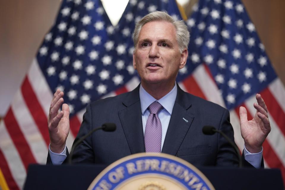 Rep. Kevin McCarthy, R-Calif., speaks to reporters hours after he was ousted as Speaker of the House, Tuesday, Oct. 3, 2023, at the Capitol in Washington.