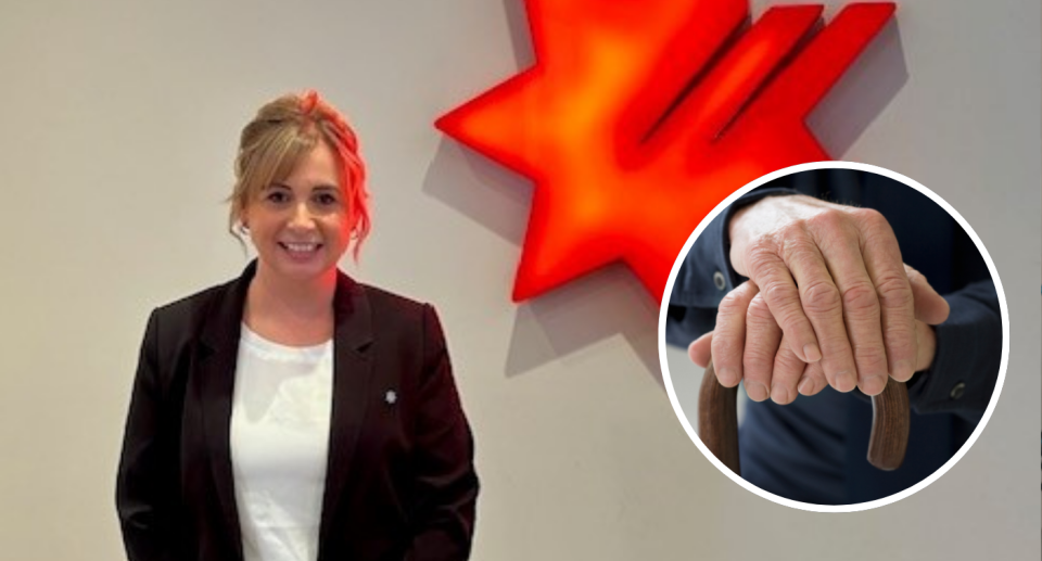 NAB banker Sarah Woods next to insert of elderly man