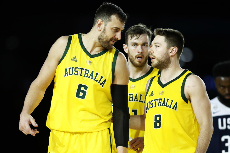 MELBOURNE, AUSTRALIA - AUGUST 24: Andrew Bogut of the Boomers speaks with Matthew Dellavedova of the Boomers during game two of the International Basketball series between the Australian Boomers and United States of America at Marvel Stadium on August 24, 2019 in Melbourne, Australia. (Photo by Daniel Pockett/Getty Images)