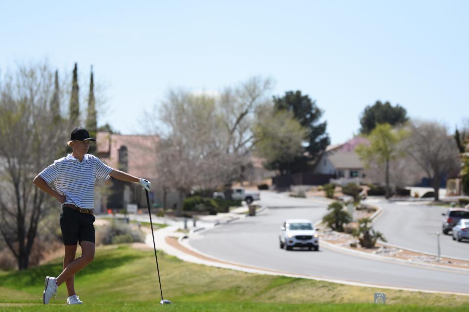 Hesperia’s Brady McColm follows his shot on the 18th hole during the 2024 High Desert Classic Golf Tournament at Bear Valley Country Club on Monday, March 11, 2024. The annual tournament is hosted by Oak Hills High School.