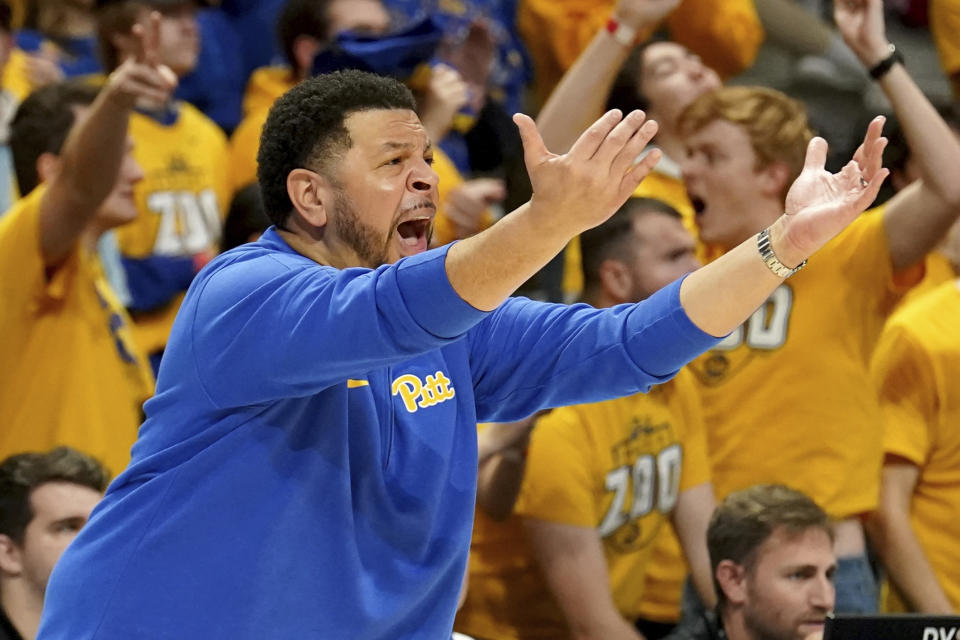 Pittsburgh head coach Jeff Capel reacts to a play during the first half of an NCAA college basketball game against Wake Forest, Wednesday, Jan. 31, 2024, in Pittsburgh. (AP Photo/Matt Freed)