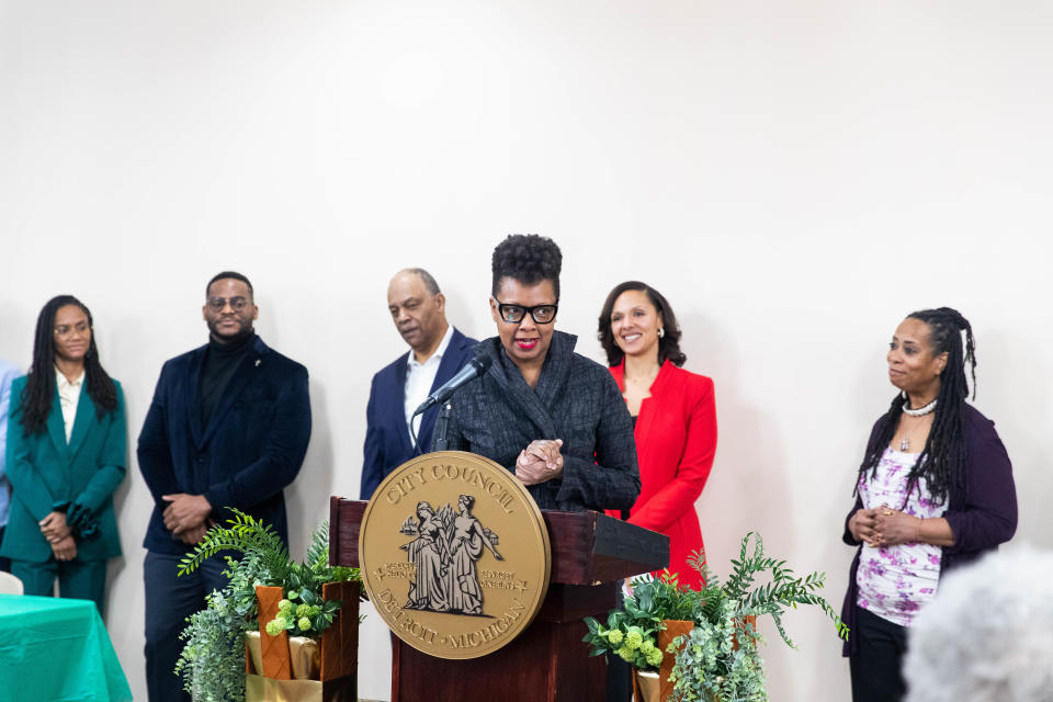 Lauren Hood, co-chair of the reparations task force speaks at announcement on Friday, Feb. 24, 2023 at West Side Unity Church.