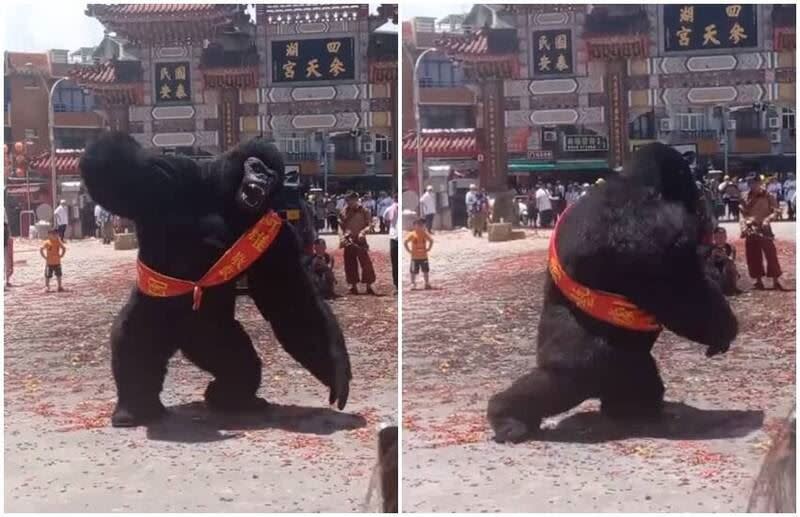 進香團陣頭表演嗨爆了！2公尺高大猩猩在廣場前熱舞，相當吸睛。（圖／翻攝畫面）