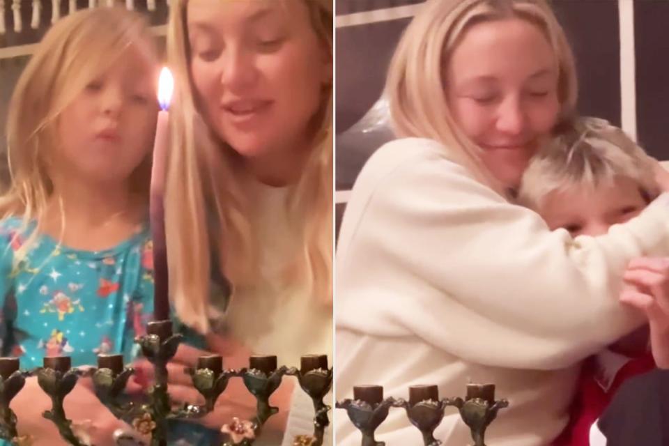 <p>Kate Hudson/Instagram</p> Kate Hudson and kids celebrate Hanukkah.