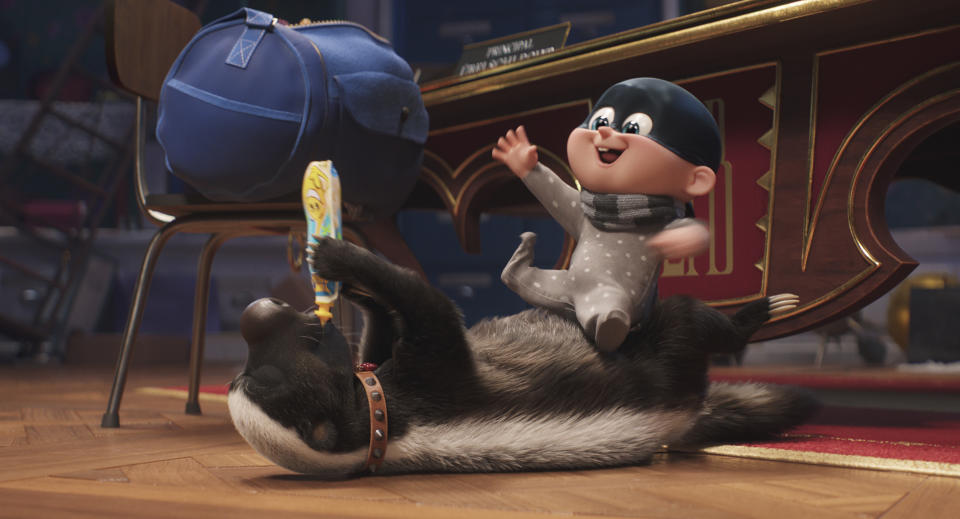 This image released by Illumination Entertainment and Universal Studios shows Honey Badger, left, voiced by Frank Welker, and Baby Gru, voiced by in a scene from "Despicable Me 4." (Illumination Entertainment and Universal Studios via AP)