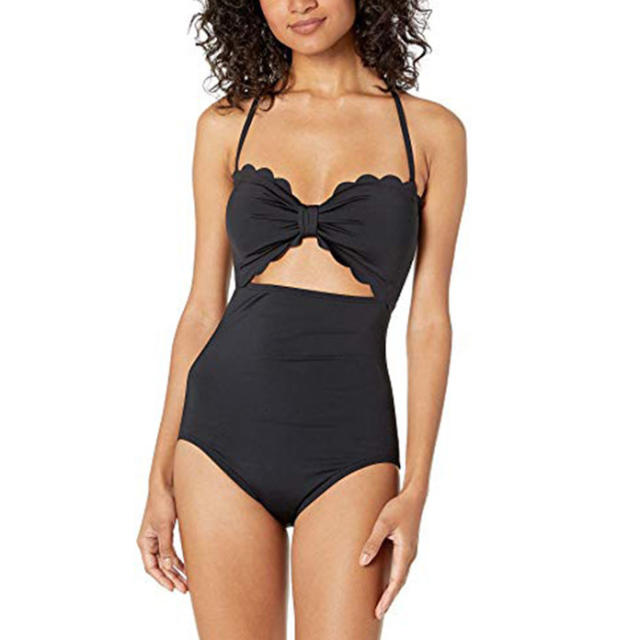 NWT 14 $188 SPANX Sexy Belted Bandeau Black and White One Piece Swimsuit