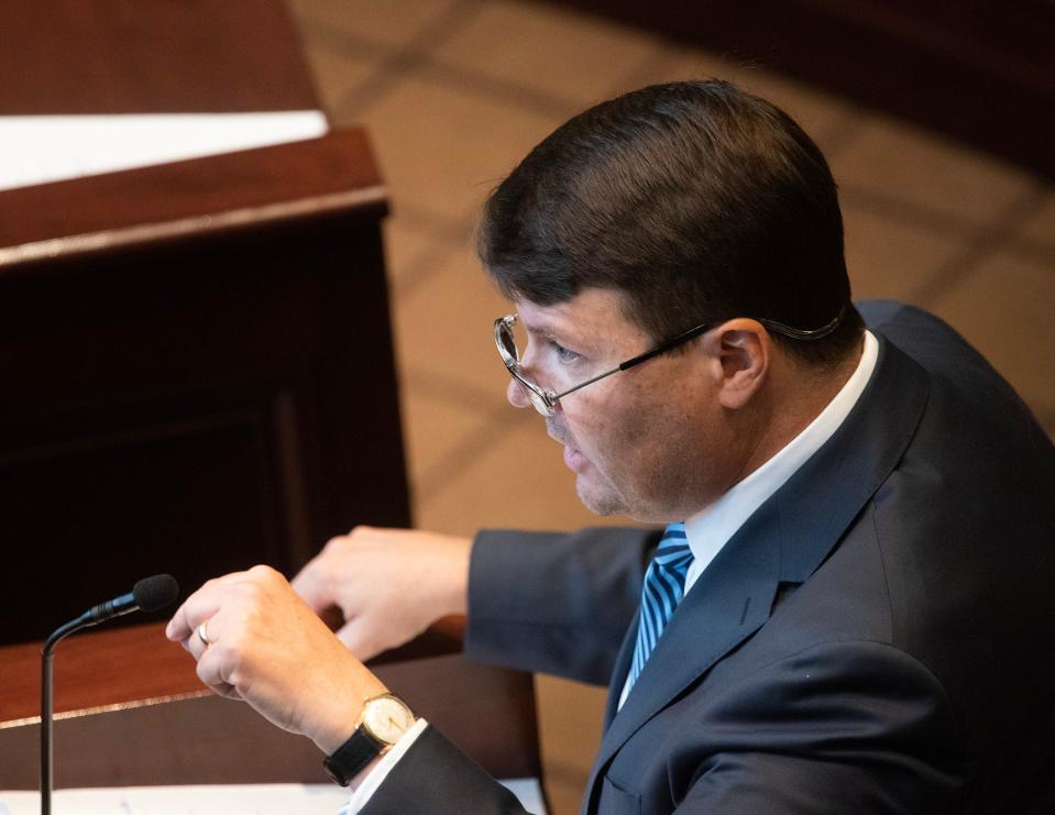 Attorney Cliff Johnson, director of the MacArthur Justice Center, addresses the Mississippi Supreme Court during oral arguments regarding HB 1020 in Jackson, Miss., Wednesday, July 6, 2023. Johnson represents those challenging HB 1020, which would significantly increase state control over Jackson's judicial system and policing.