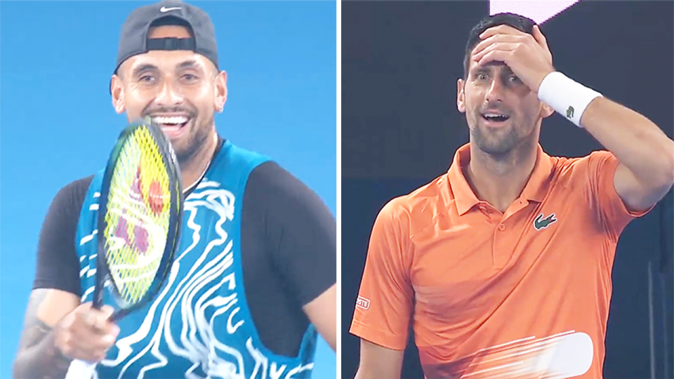 Novak Djokovic (pictured right) left stunned after forgetting the rules and (pictured left) Nick Kyrgios sharing a laugh.