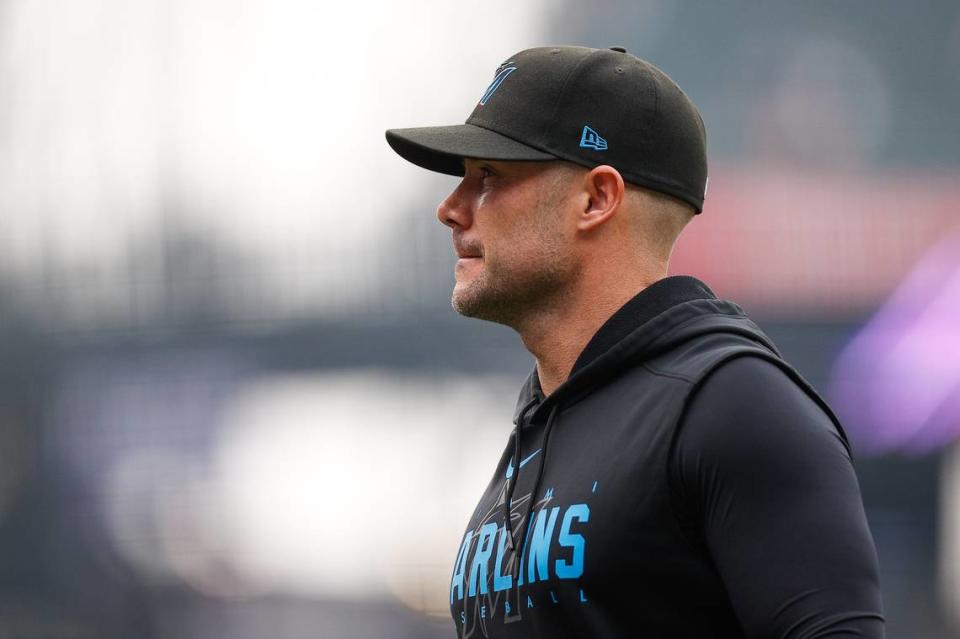 Miami Marlins manager Skip Schumaker (55) before the game against the Colorado Rockies at Coors Field on Monday, May 22, 2023.