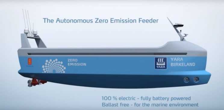 El carguero Birkeland, el primero de su clase eléctrico y autónomo | imagen YARA/Kongsberg