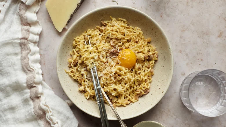 Ramen Carbonara with egg yolk