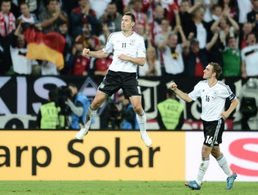 Germany's Miroslav Klose celebrates after scoring during the Euro 2012 quarter-final against Greece at the Gdansk Arena. His goal was Germany's third as they built up a 4-1 lead