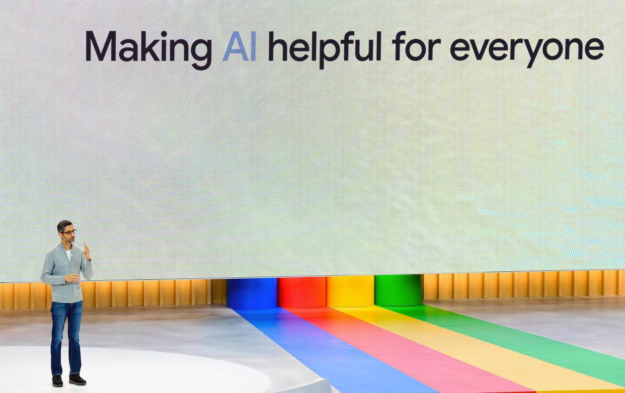 Google CEO Sundar Pichai on stage at Google IO 2023