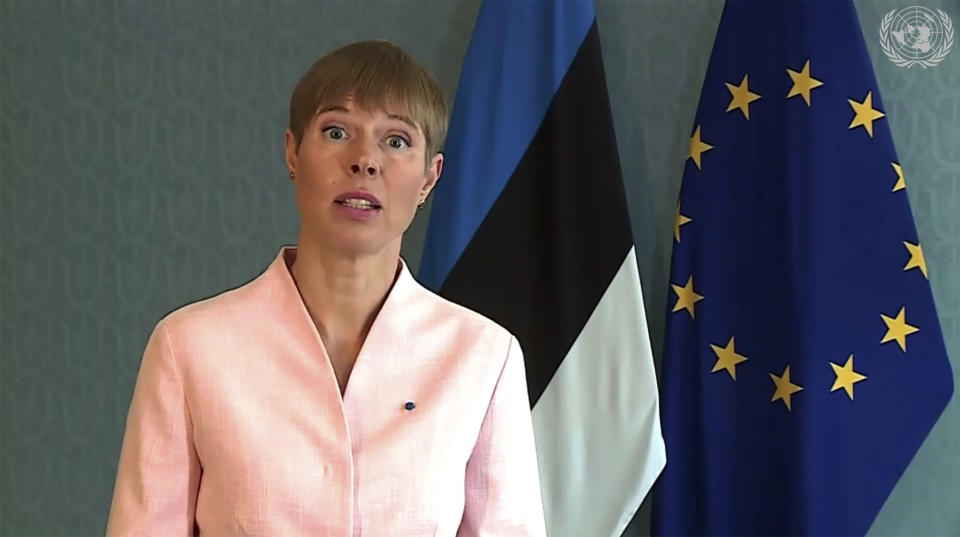 In this image made from UNTV video, Kersti Kaljulaid, President of Estonia, speaks in a pre-recorded message which was played during the 75th session of the United Nations General Assembly, Thursday Sept. 24, 2020, at UN headquarters, in New York. (UNTV via AP)