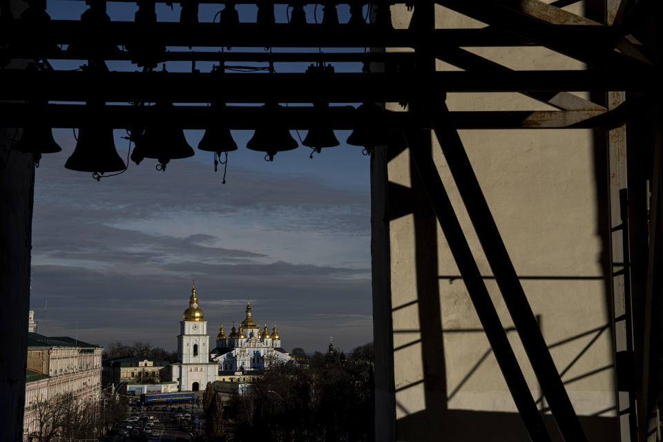 A view of St. Michael's Golden-Domed Monastery in downtown of Kyiv, Ukraine, Wednesday, Dec. 20, 2023. (AP Photo/Evgeniy Maloletka)