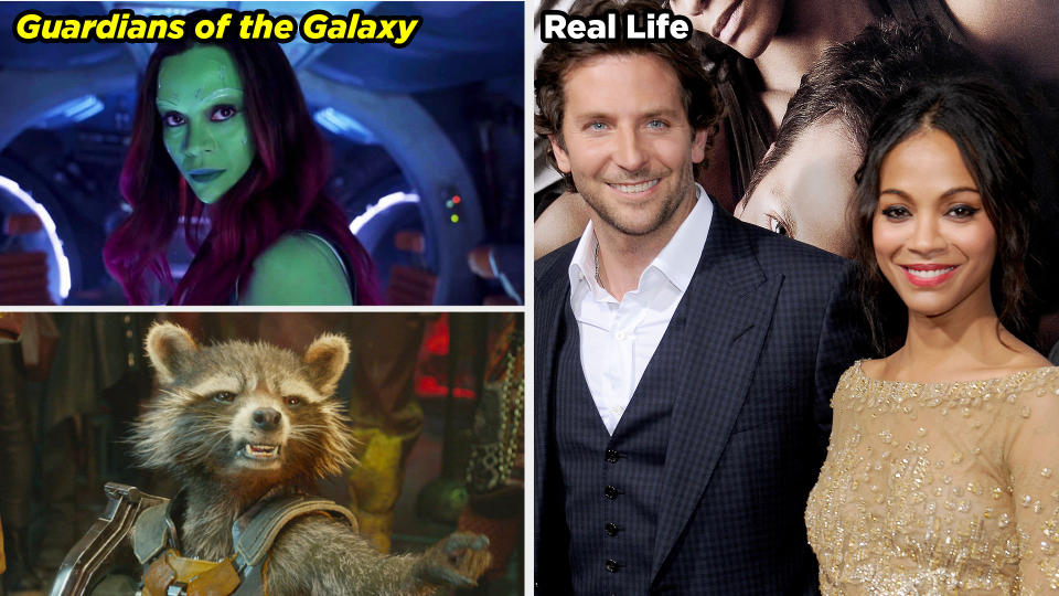 Zoe Saldana and Bradley Cooper in The Guardians of the Galaxy movies and at an event together as a real-life couple