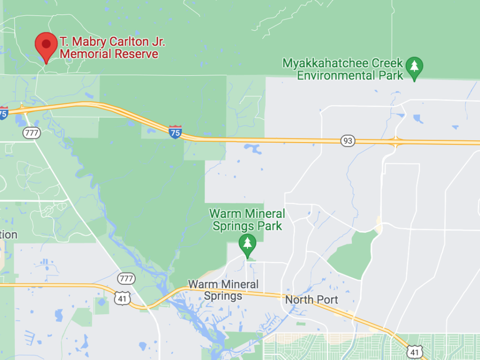 The backpack, dry bag and human remains were found near a four mile bridge connecting the Carlton Reserve to the Myakkahatchee Creek Environmental Park. The family home at North Port is about four miles south. (Google Maps)