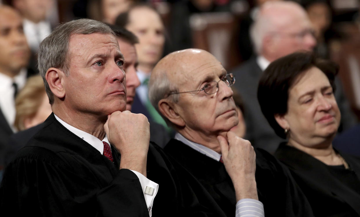 Supreme Court Chief Justice John Roberts, left, Associate Justice Stephen Breyer and Associate Justice Elena Kagan listens as President Donald Trump delivers his first State of the Union address on Jan. 30, 2018. (Photo: Win McNamee/pool via Associated Press)