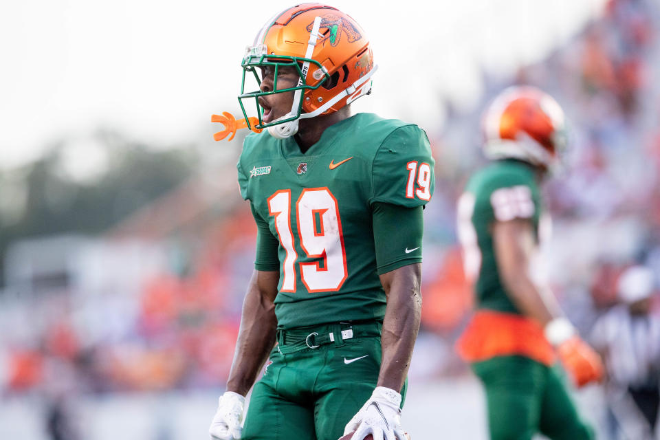 Florida A&M Rattlers wide receiver Xavier Smith (19) celebrates after scoring a touchdown in the third quarter during a game between Florida A&M University and Alabama State University at Bragg Memorial Stadium in Tallahassee, Fla. Saturday, Oct. 2, 2021.