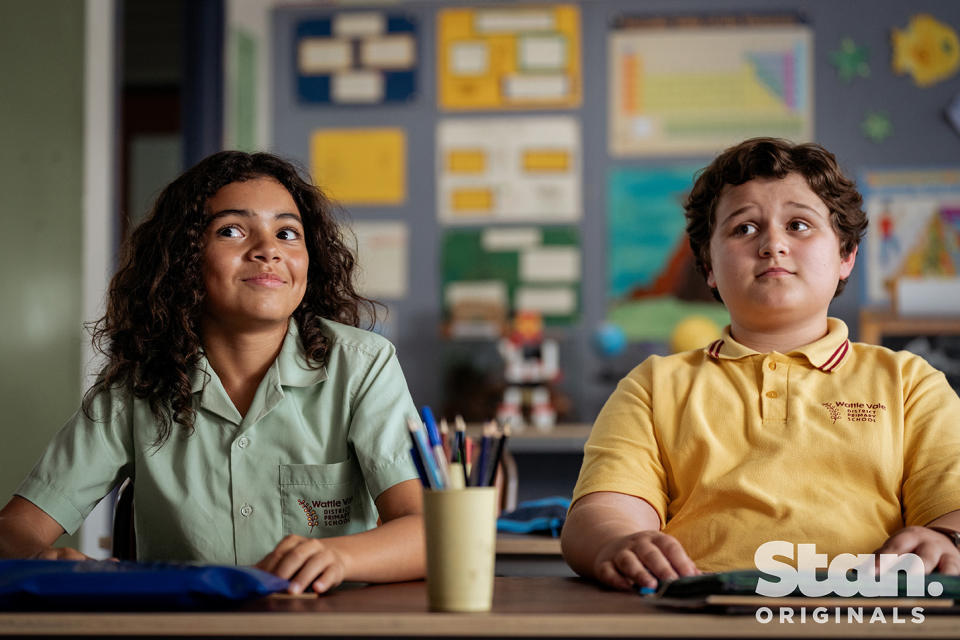 Percy Boy (Lennox Monaghan), forms an alliance with Keithy Cobb (Max Turner) to help him win a race against a school bully. Photo: Stan