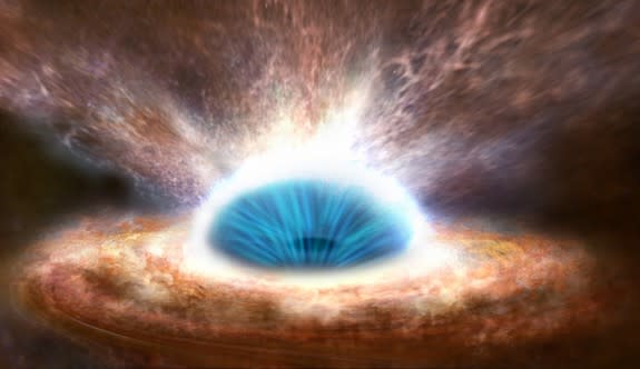 Winds from a giant black hole at the center of the galaxy IRAS F11119+3257 are shown blowing out raw material from the galaxy's core in this artist's illustration. A new study of the galaxy suggests these black hole winds can stunt star formati