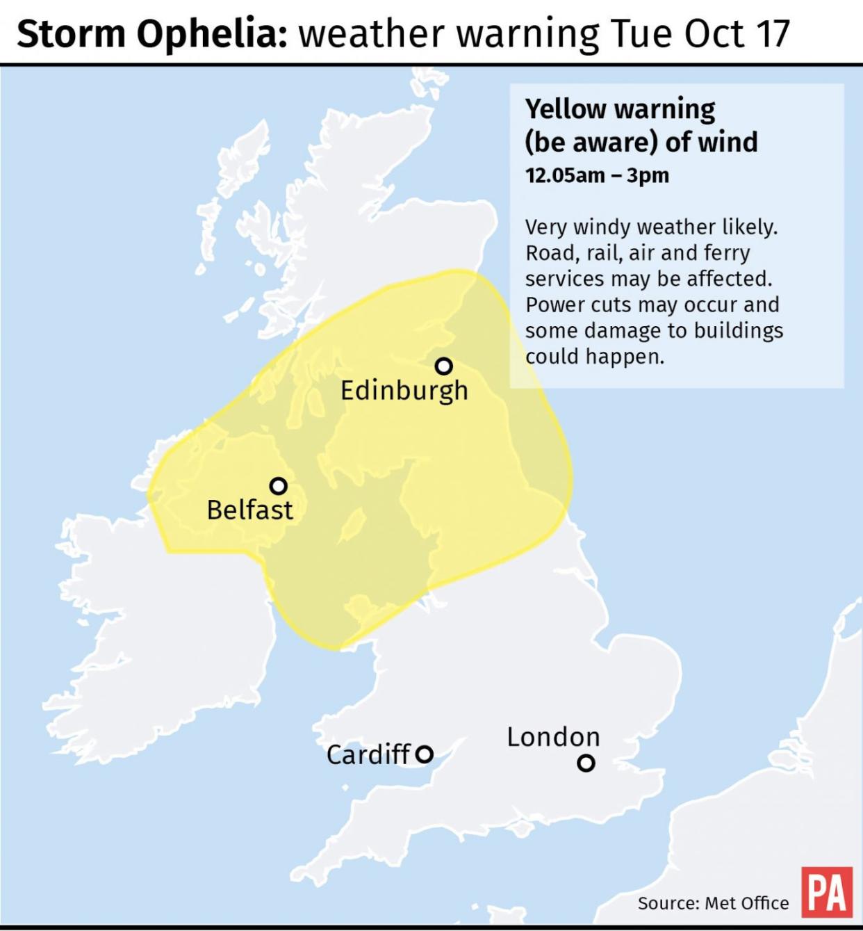 Graphic maps yellow warning of wind from the Met Office