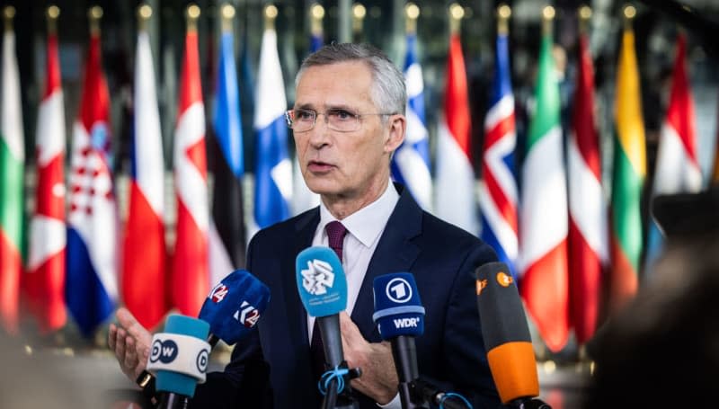 The North Atlantic Treaty Organization (NATO) Secretary General Jens Stoltenberg speaks to the media upon his arrival ahead of the meeting of NATO Ministers of Defence at NATO Headquarters. -/NATO/dpa