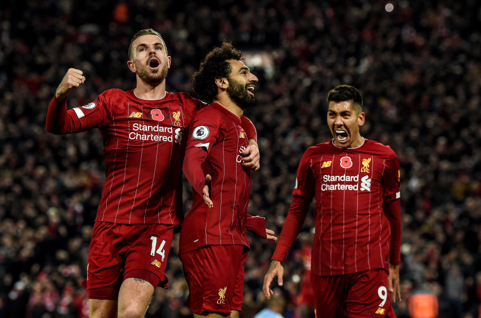 LIVERPOOL, ENGLAND - NOVEMBER 10:  (THE SUN ON OUT, THE SUN ON SUNDAY OUT) Mohamed Salah of Liverpool celebrates after scoring the opening goal during the Premier League match between Liverpool FC and Manchester City at Anfield on November 10, 2019 in Liverpool, United Kingdom. (Photo by John Powell/Liverpool FC via Getty Images)