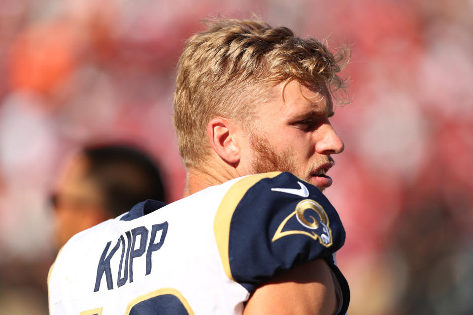 LOS ANGELES, CALIFORNIA - OCTOBER 13: Cooper Kupp #18 of the Los Angeles Rams looks on from the bench in the fourth quarter against the San Francisco 49ers at Los Angeles Memorial Coliseum on October 13, 2019 in Los Angeles, California. (Photo by Joe Scarnici/Getty Images)