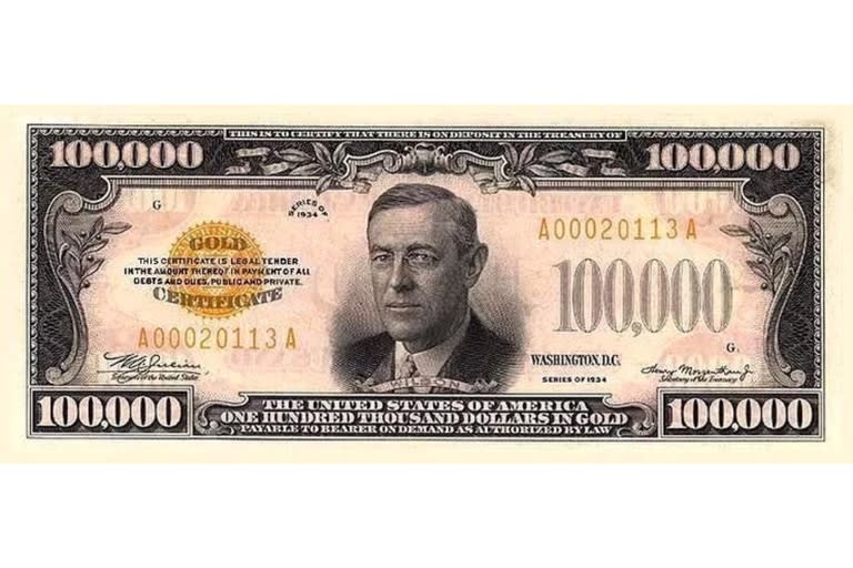 El billete de US$100.000 es el de más alta denominación que se imprimió en Estados Unidos