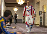 IndyCar driver Tony Kanaan, right, speaks with fellow driver Alexander Rossi between interviews during IndyCar auto racing media day, Monday, Feb. 11, 2019, in Austin, Texas. (AP Photo/Stephen Spillman)