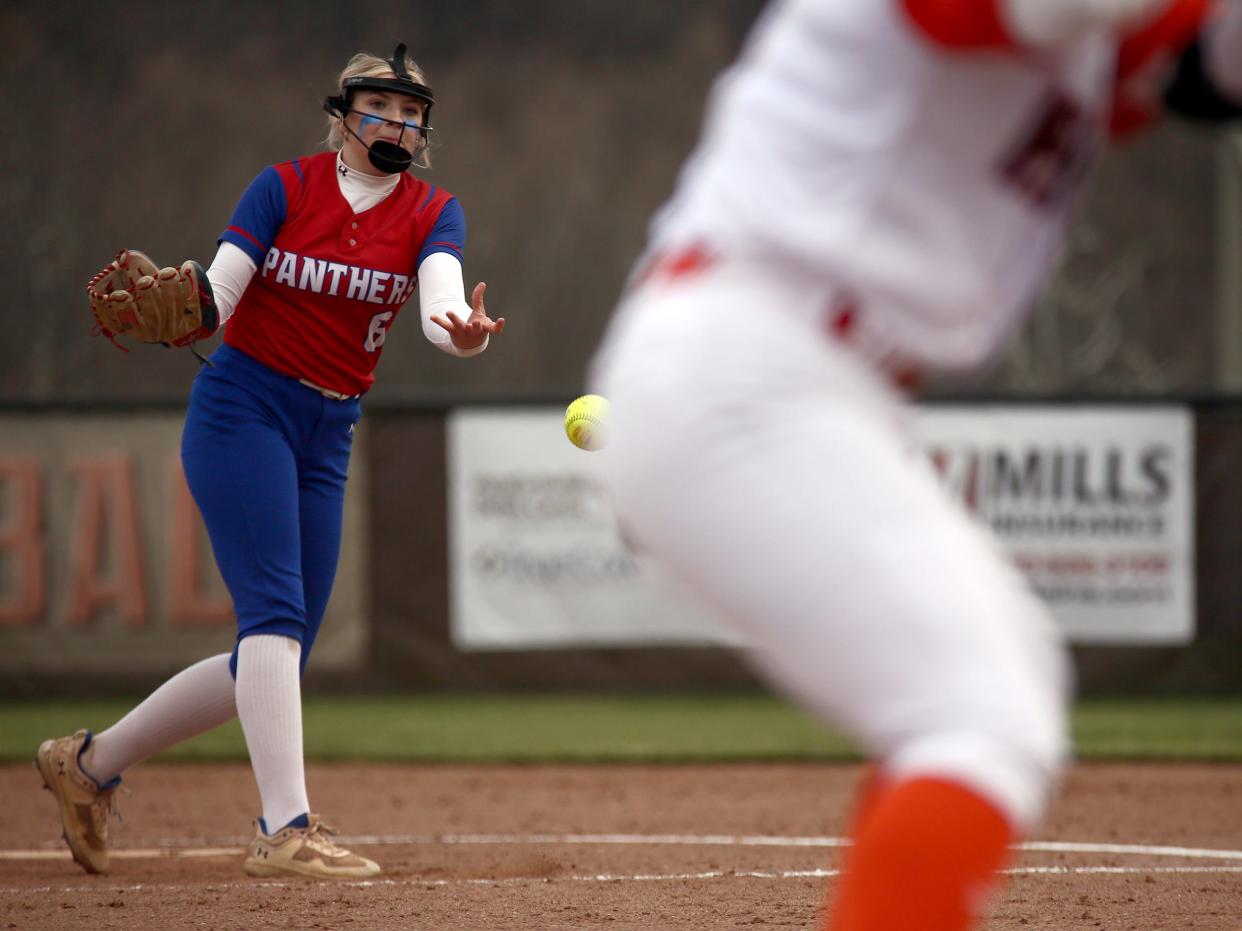 Licking Valley's Rylee Pitt pitches against Heath during the visiting Panthers' 4-0 victory on Thursday, March 28, 2024.