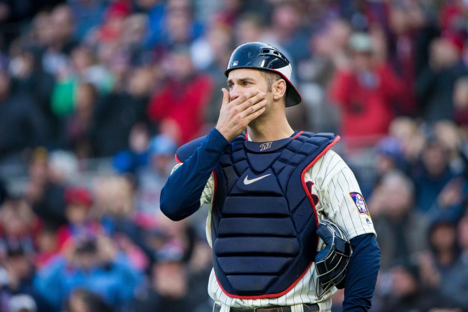 Sep 30, 2018; Minneapolis, MN, USA; Minnesota Twins first baseman Joe Mauer (7) reacts to a standing ovation in the ninth inning against Chicago White Sox at Target Field. Mandatory Credit: Brad Rempel-USA TODAY Sports