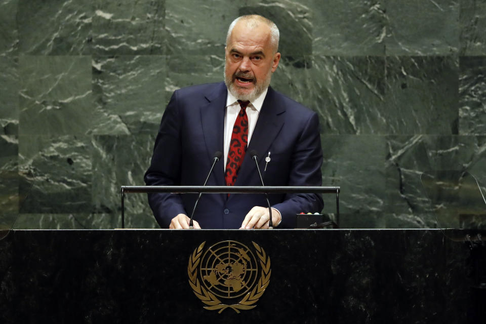 Albania's Prime Minister Edi Rama addresses the 74th session of the United Nations General Assembly, Friday, Sept. 27, 2019. (AP Photo/Richard Drew)