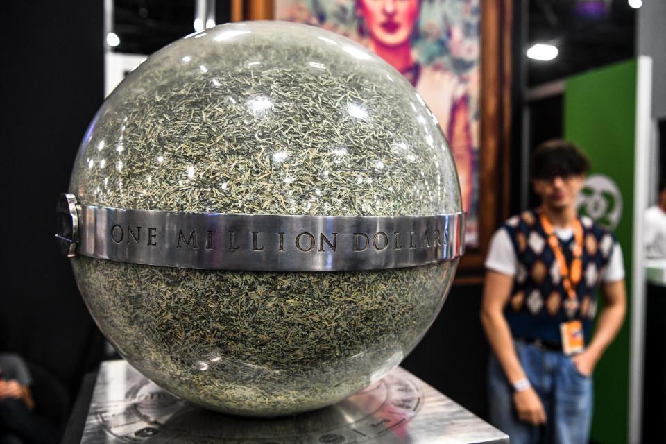 One million dollars worth of shredded US dollar bills are displayed during the Bitcoin 2022 Conference at the Miami Beach Convention Center in Miami Beach, Florida, on April 7, 2022. (Photo by CHANDAN KHANNA/AFP via Getty Images)