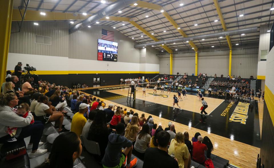 The University of Southern Mississippi volleyball team takes on South Alabama at the Wellness Center in Hattiesburg, Miss, Saturday, Sept. 24, 2022. Texts entered recently into the state’s ongoing civil lawsuit over the welfare scandal reveal former Gov. Phil Bryant, Bret Favre and others worked together to channel state welfare funds to build the state-of-the-art volleyball stadium.