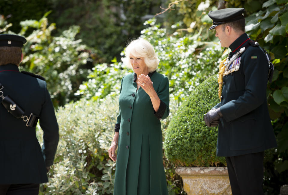 The Duchess of Cornwall, alongside Colonel Commandant, General Sir Patrick Sanders (right), at Highgrove House, during a ceremony for the transfer of the Colonel-in-Chief of the Rifles to the Duchess from the Duke of Edinburgh, who will begin the ceremony at Windsor Castle.