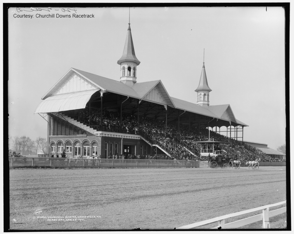 Kentucky Derby Day 1901 and the then-new grandstand, now featuring the Twin Spires.