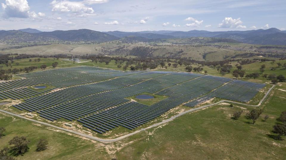 An aerial view of a solar farm south of Canberra.