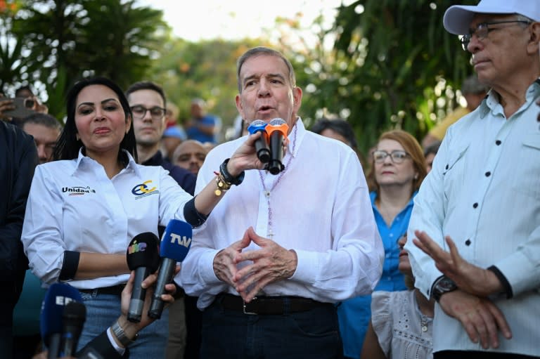 Venezuelan opposition presidential candidate Edmundo Gonzalez Urrutia speaks to reporters in Caracas on June 13, 2024 (Federico PARRA)