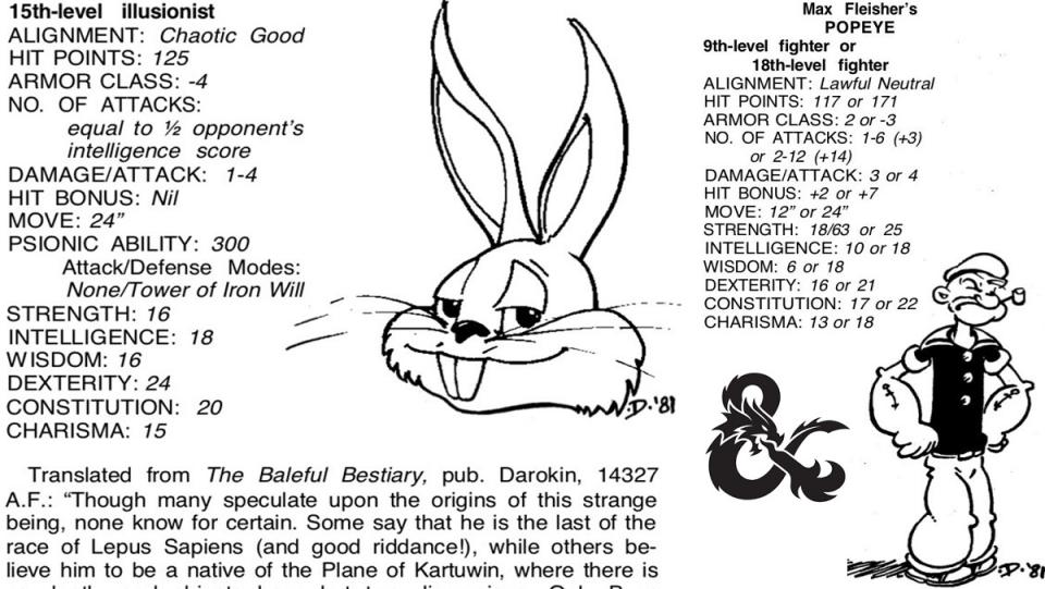 Bugs Bunny and Popeye playable D&D characters from Dragon magazine in 1981.