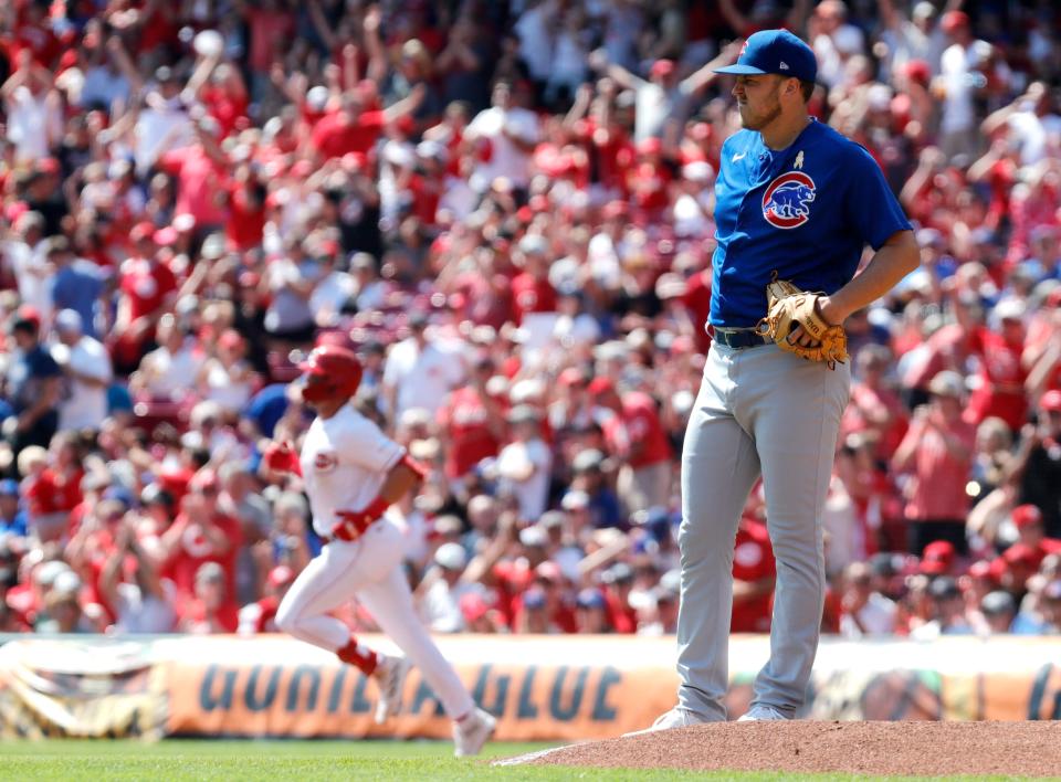 The Cubs will be without $68 million starter Jameson Taillon, here giving up a home run to Spencer Steer last September, for the beginning of the season with a back issue.