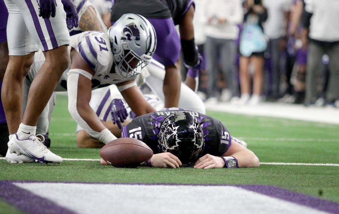 TCU quarterback Max Duggan reacts after he’s ruled short of the end zone after during overtime in the Big 12 Championship against Kansas State on Dec. 3 at AT&T Stadium.