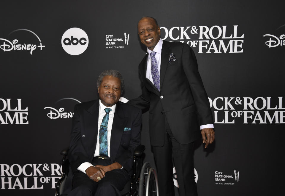 John Edwards, left, and Henry Fambrough of The Spinners arrive at the Rock & Roll Hall of Fame Induction Ceremony on Friday, Nov. 3, 2023, at Barclays Center in New York. (Photo by Evan Agostini/Invision/AP)