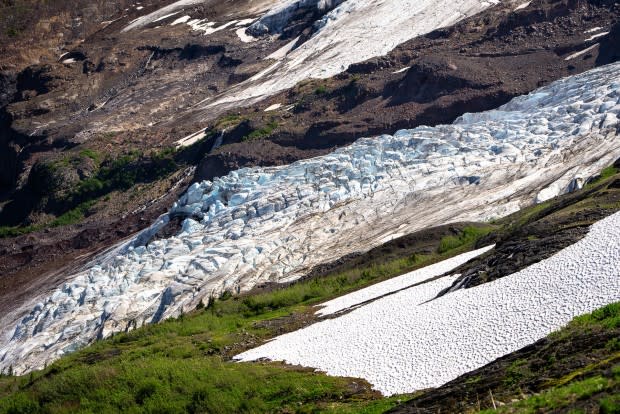 The lower Colman Glacier ends in an icefall. The contrast of green on white always fills me with smiles. Ice and forest–two different worlds coming together.<p>Photo: Jason Hummel</p>