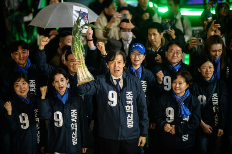 Cho Kuk, leader of the Rebuilding Korea Party, holds up green onions at a campaign event in Seoul on March 28, 2024 (Anthony WALLACE)